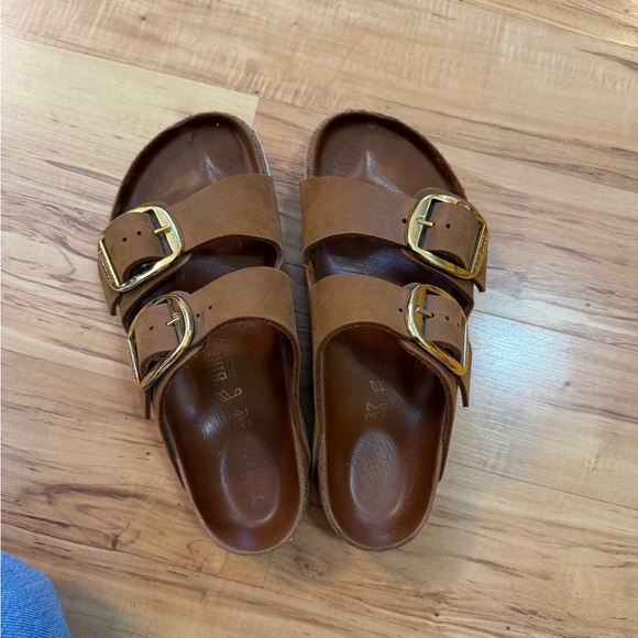 Birkenstock Shoes - Birkenstock Arizona Big-Buckle Sandals in Brown with Gold Buckles